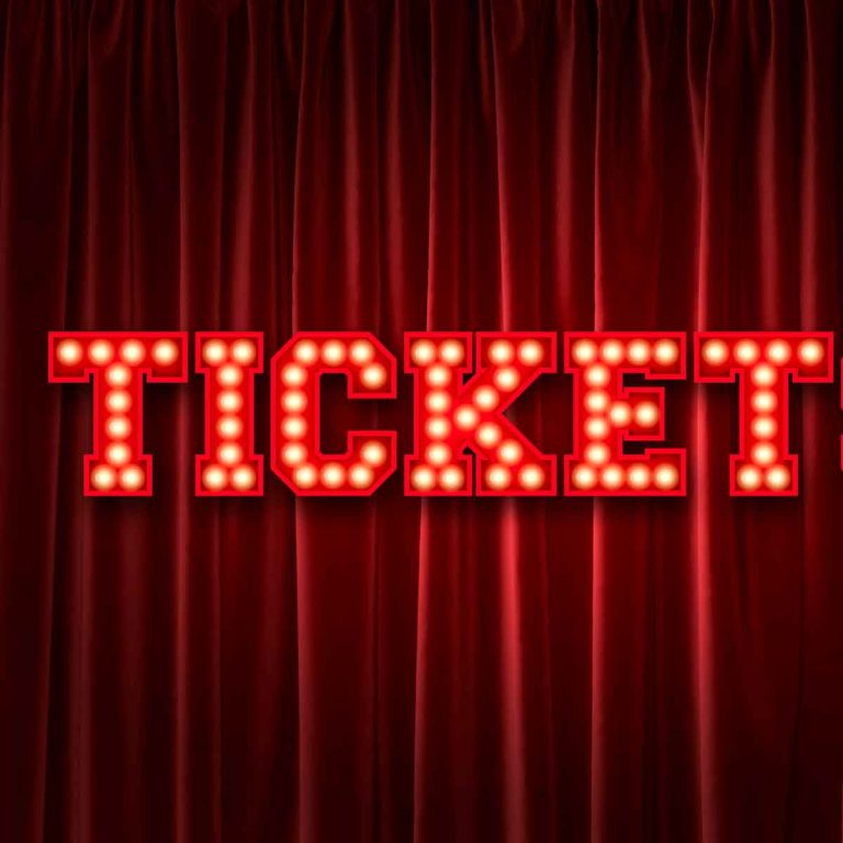 Rendering of the word Tickets created in lightbulbs against a red theatre curtain - the latest tips for London theatre ticket discounts