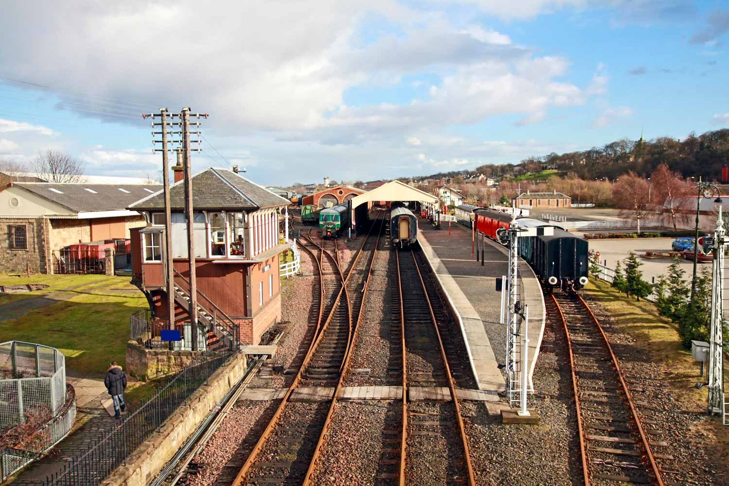 View of the station and tracks at Bo'ness Railway - one of the fun days out from Falkirk with kids