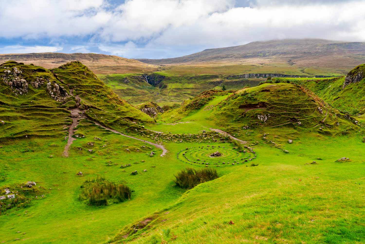 View down onto one of the spirals and the conical hillocks of the Fairy Glen - one of the lovely places to visit on the Isle of Skye with kids