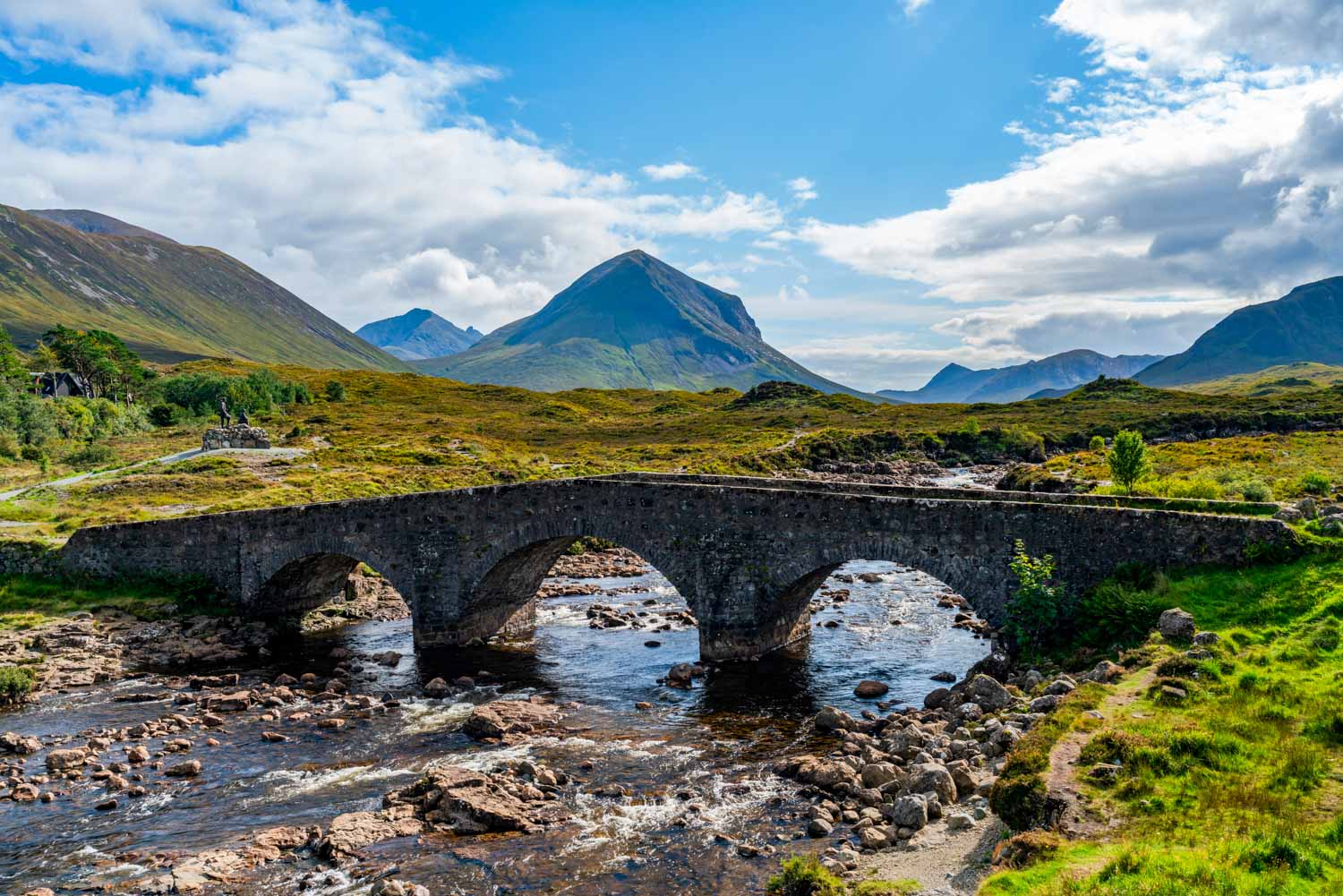 Sligachan Old Bridge with a view of the Black Cuillin mountains - the nearby playground is a great place to visit on Skye with kids