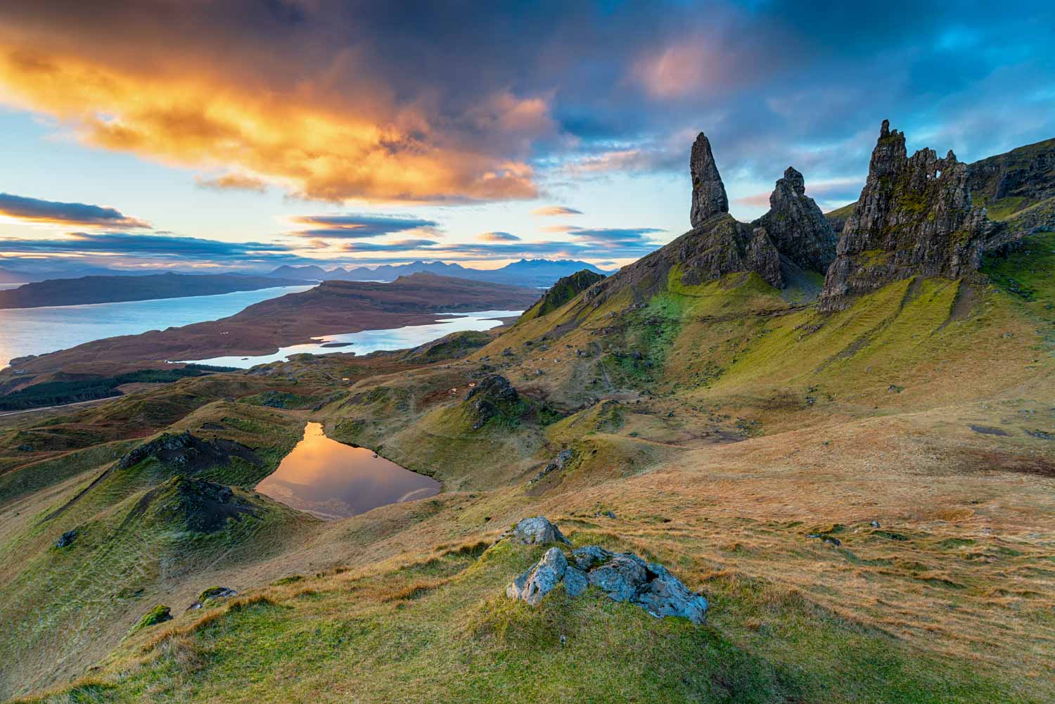 Early morning looking out to the rock formations of the Old Man of Storr - one of the best walks on the Isle of Skye with kids