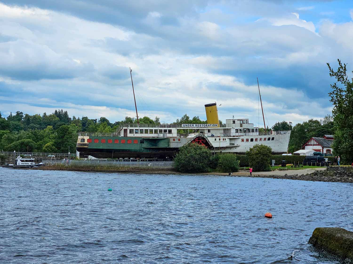 View of the paddle steamer Maid of the Loch on the slipway by Loch Lomond Shores - a visit is one of the most unusual things to do at Loch Lomond with kids