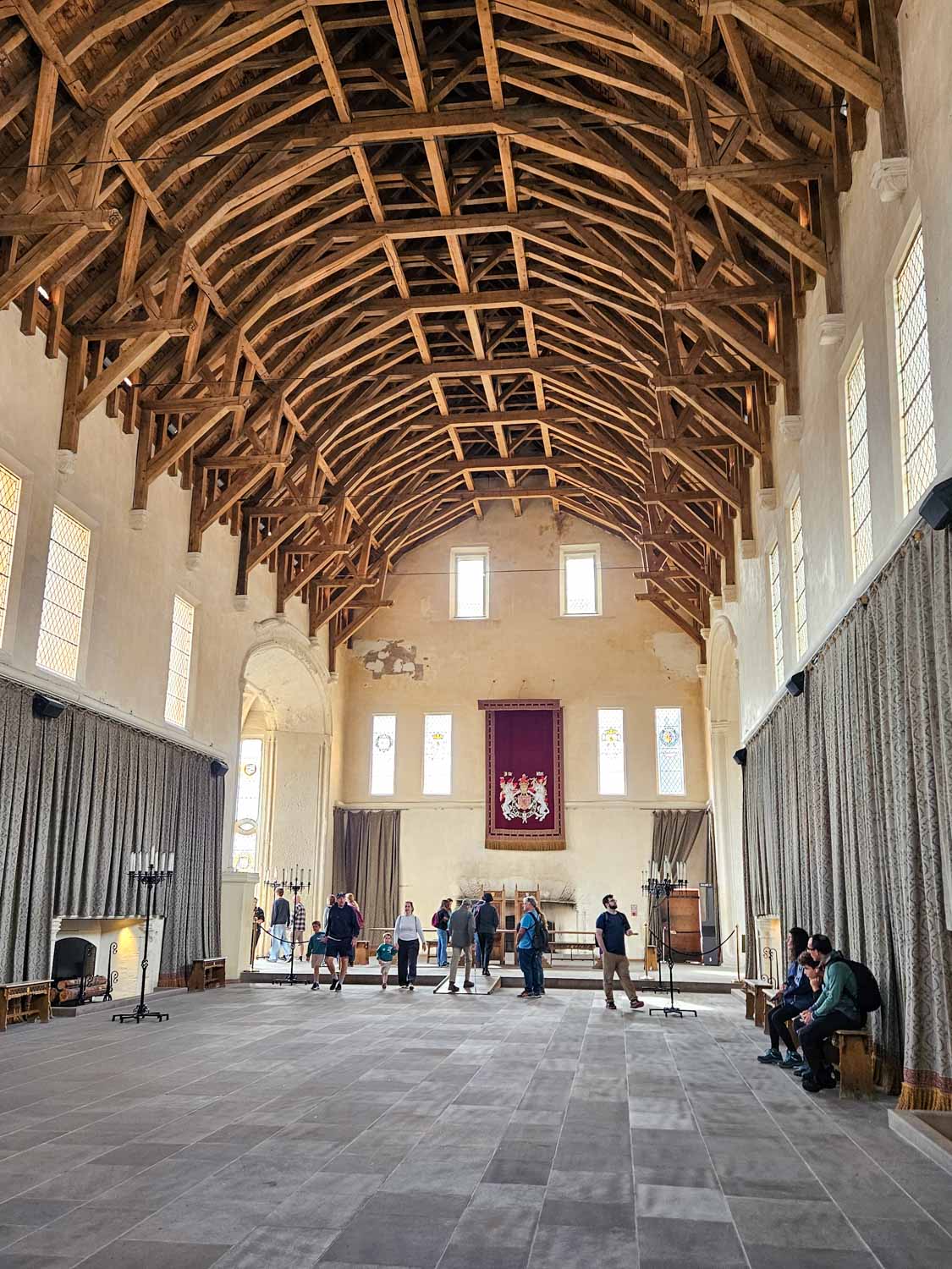 View of the Great Hall with its high wooden hammerbeam ceiling at Stirling Castle- a visit is one of the best things to do in Stirling with kids