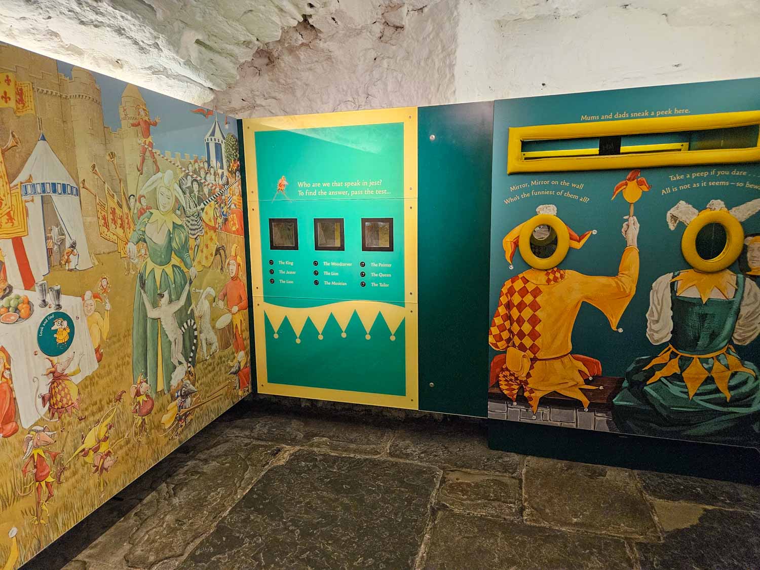 One of the interactive exhibits in the castle vaults, based around jesters and court entertainment - a visit to Stirling castle is one of the best things to do in Stirling with kids