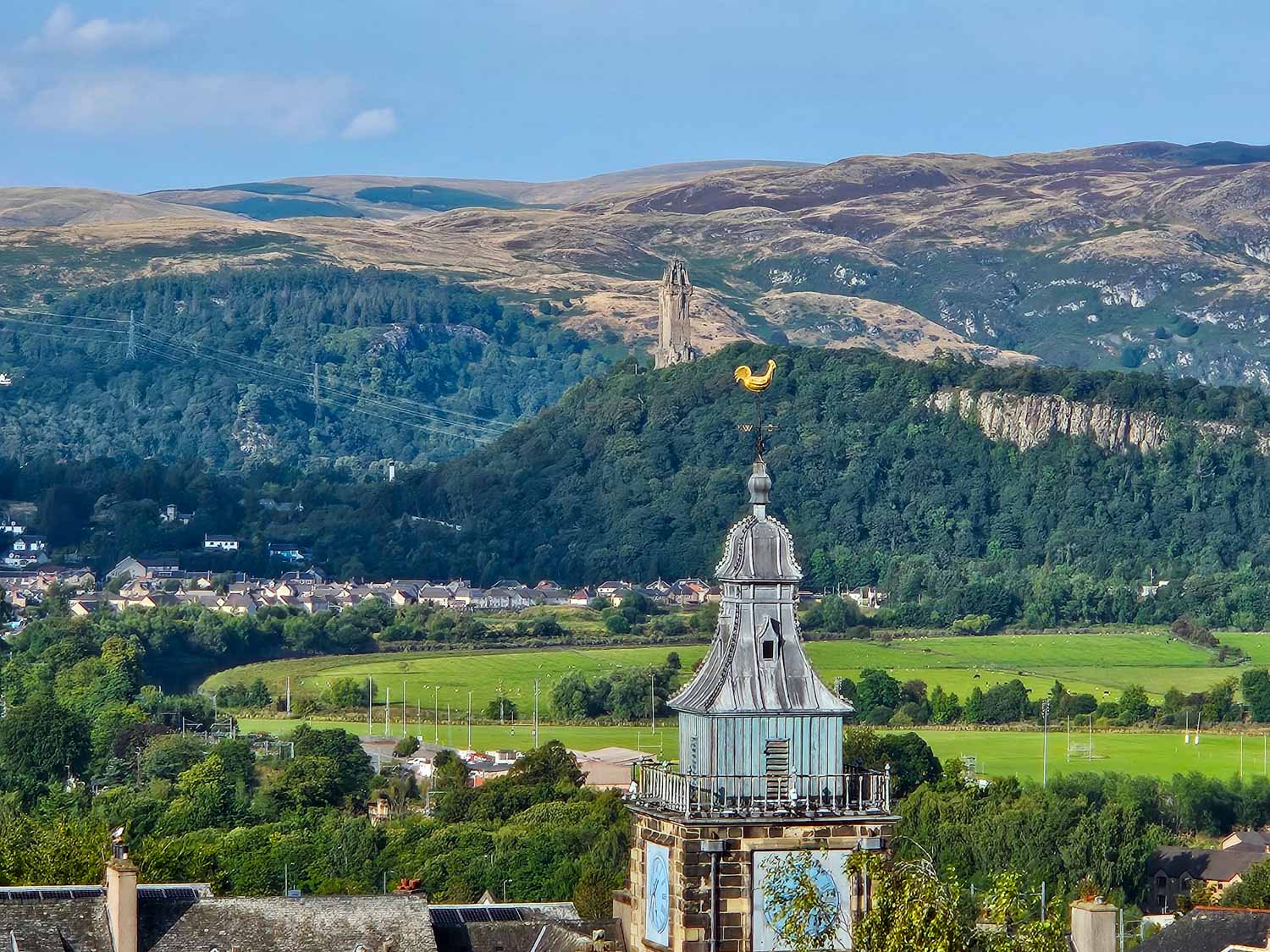 View from the roof of Stirling Old Town Jail to the National Wallace Monument - a visit is one of the best things to do in Stirling with kids