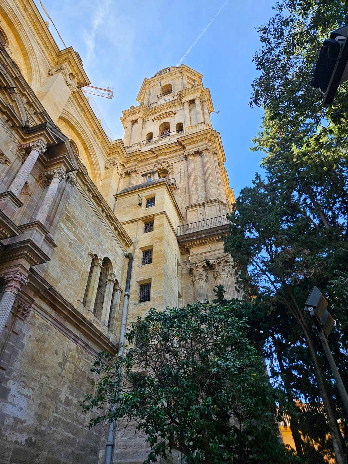 View up to Malaga's cathedral tower from the courtyard outside - a visit is one of the best things to do in Malaga with kids